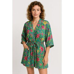 vintage 80s ROYAL SILK floral robe LARGE made in india lightweight knee length